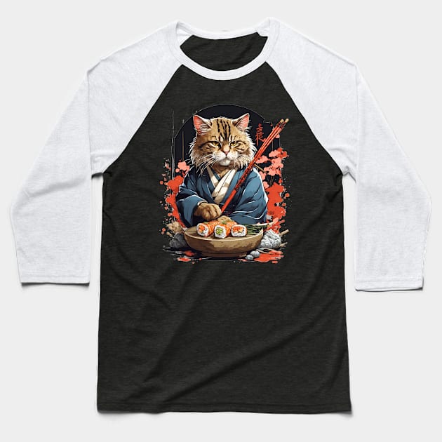 Cool Cat Sushi Art Baseball T-Shirt by VisionDesigner